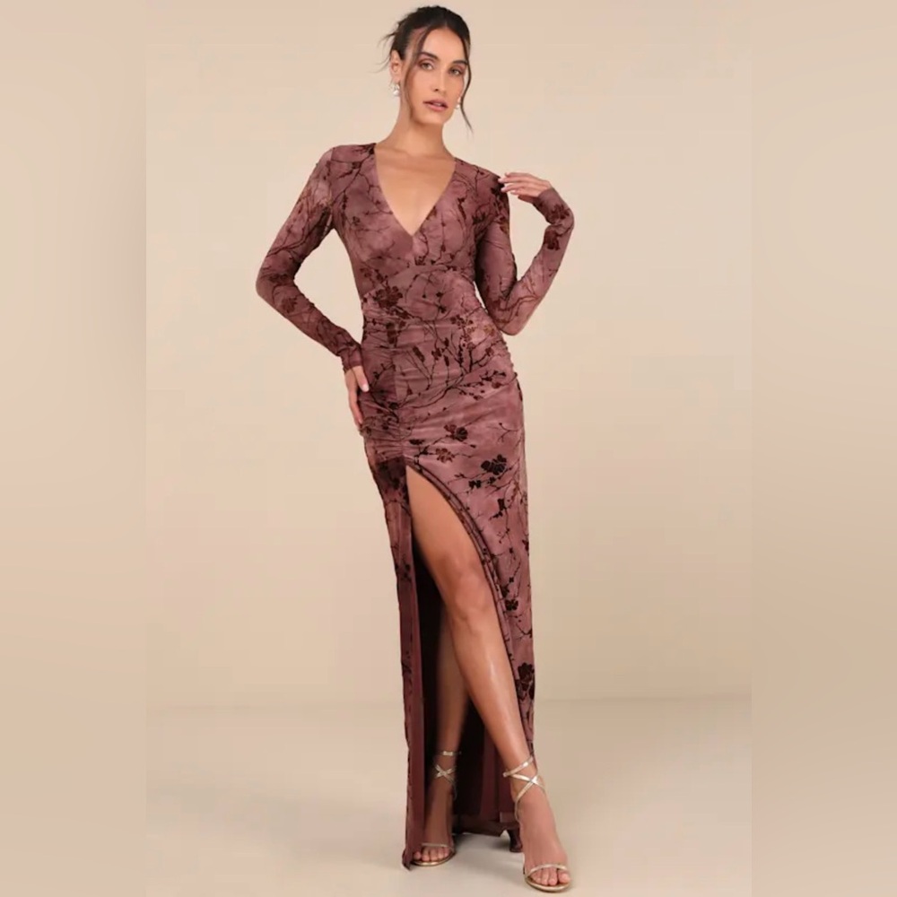 Dynamic Sensation Dark Mauve Floral Velvet Burnout Maxi Dress (Size 10/12)